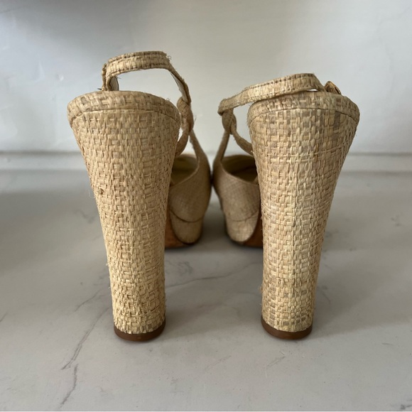 Chanel Gold Toe Interlocking C Raffia Sling Back Pumps Size 38 US Sz 8 - Picture 5 of 6